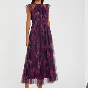 NWT Mac Duggal Ieena Plum Floral Mesh Flutter Sleeve Midi Dress  - 4 / Small